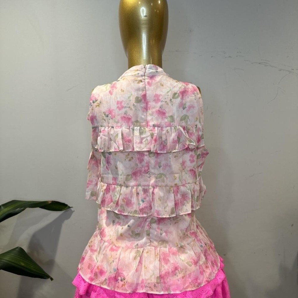 Romantic tiered layered floral top bay pink ruffle top tie neck LARGE - Picture 6 of 8